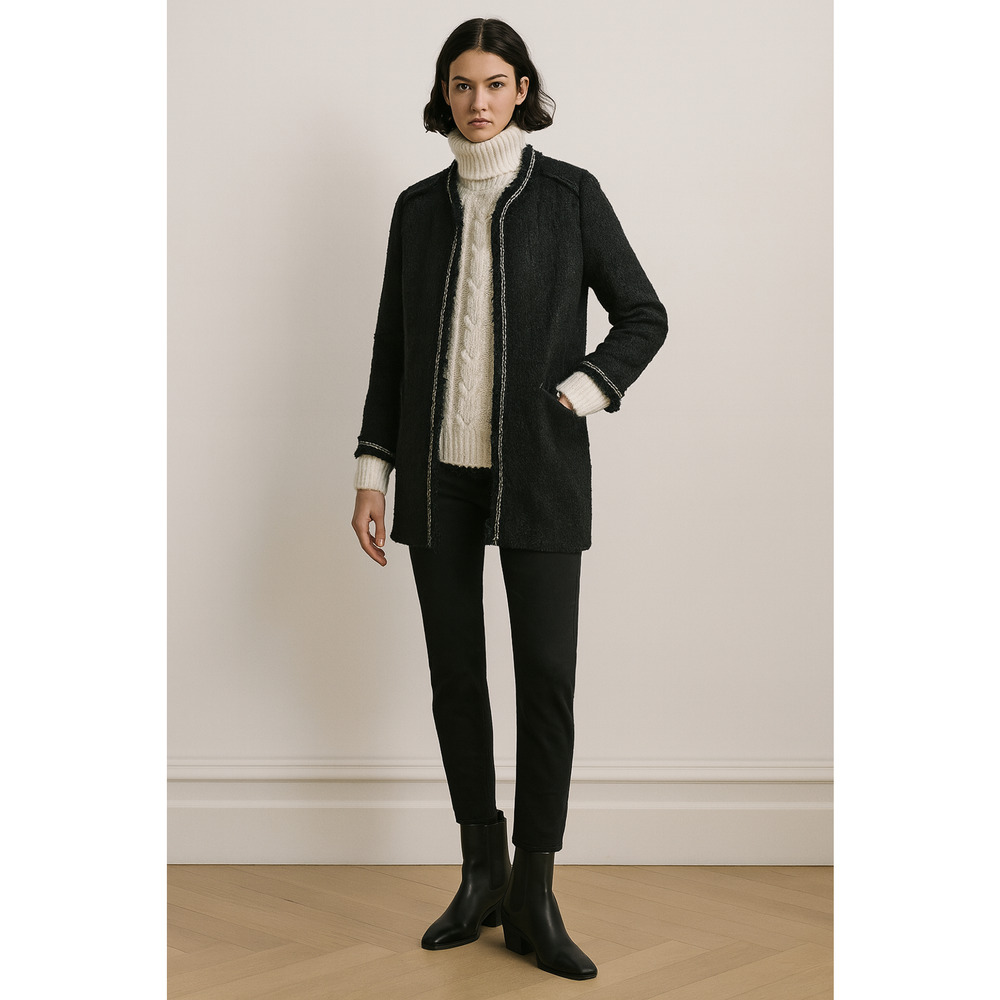 Zara S Tweed $149 Boucle Evening Coat Lady Textured Jacket Long Black Gold NEW! - Picture 6 of 11